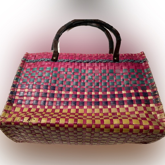 Espirit multi-colored straw woven bag with leather / wooden...